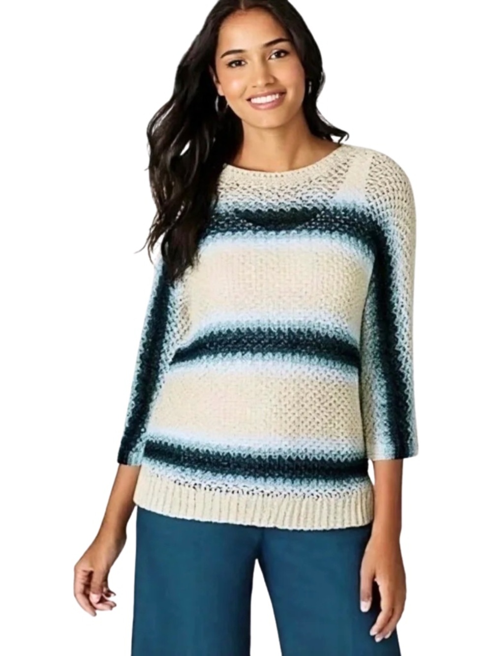 (20) NEW J. Jill Linen Cotton Striped Open Stitch Sweater Navy Blue Multi XS